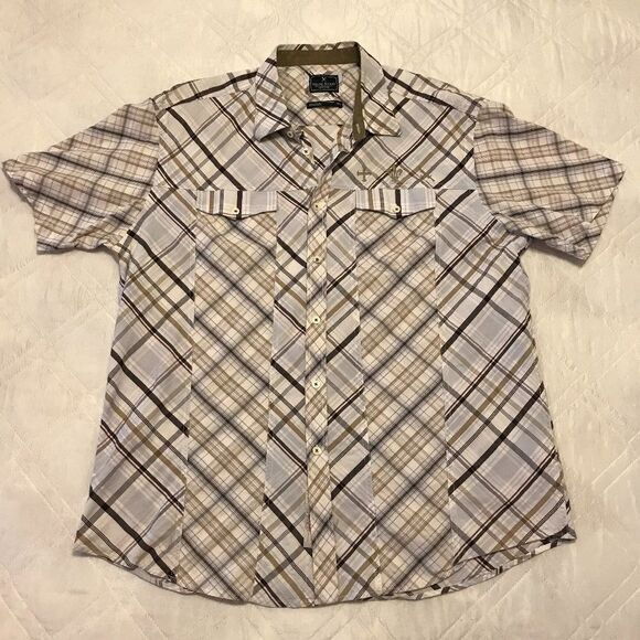 Marc Ecko of New York brown plaid button front short sleeve shirt XXL - Picture 1 of 5